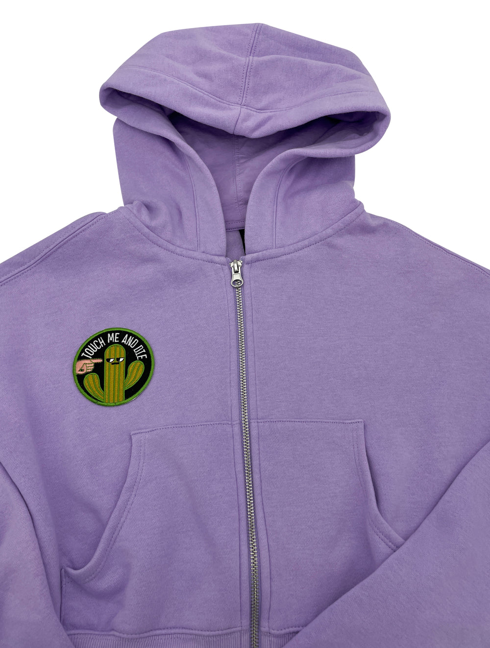 Kaktus Patch auf violetter Jacke aufgebügelt