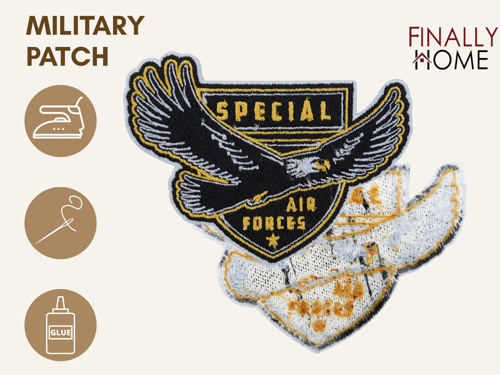 Patch von vorne und hinten mit Bügelfolie; „Finally Home“ Logo; Aufbügeln, Aufnähen, Aufkleben Icons.