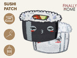 Kawaii Sushi Roll Patch - Vorne-hinten Ansicht des Patches, Bügelfolie, „Finally Home“ Logo, Verwendungsoptionen: Bügeln, Aufnähen, Aufkleben.