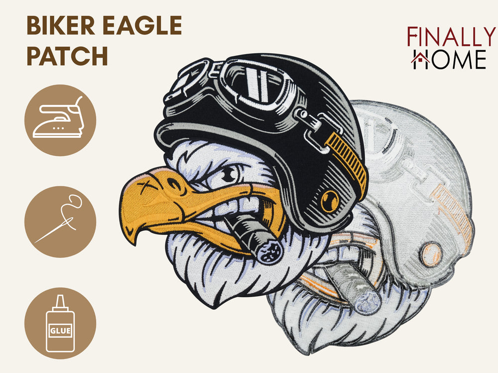 Vorder- und Rückseite des Patches, mit Bügelfolie. „Finally Home“ Logo und Nutzungsoptionen: Aufbügeln, Aufnähen, Aufkleben mit Textilkleber