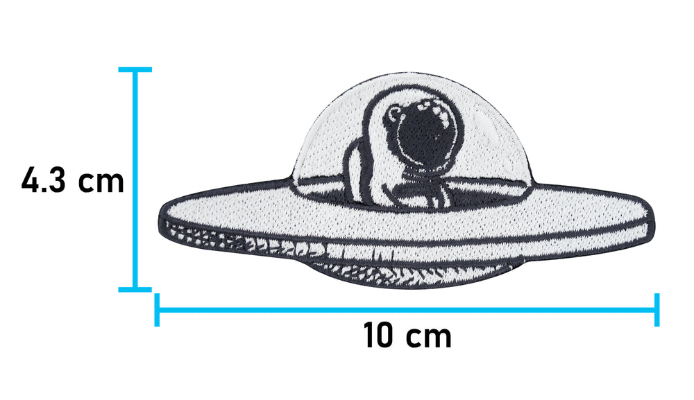 Weißer Astronauten-Patch in einem Ufo mit den Maßen 4,3 x 10 cm