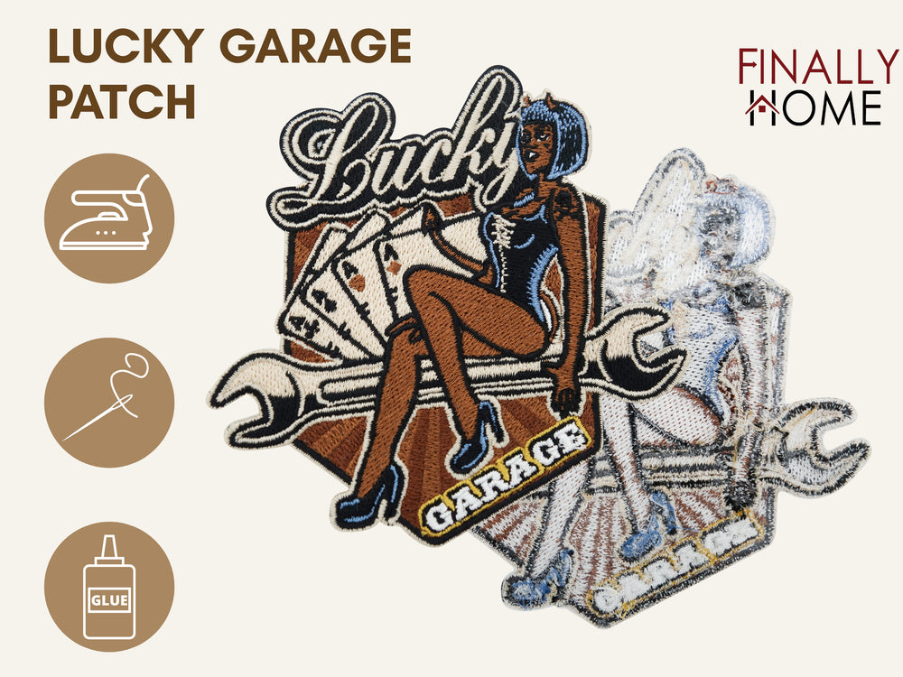 Front- und Rückansicht des Patches, Logo "Finally Home" & Anwendungsmöglichkeiten mit Icons.