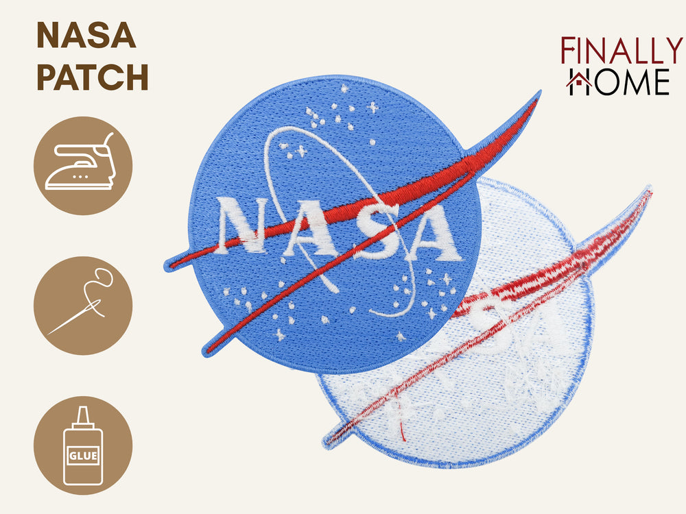 NASA Logo Patch von vorne und hinten, Bügelfolie sichtbar, Verwendungsmöglichkeiten: Aufbügeln, Aufnähen, Aufkleben mit Textilkleber