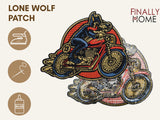 Front- und Rückansicht des Lone Wolf Biker Patches, nutzbar mit Bügeleisen, Nadel & Faden oder Textilkleber.