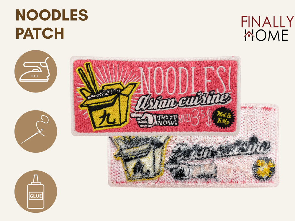 Asiatische Nudelbox Patch: Vorder- und Rückseite, Bügelfolie, Logo „Finally Home“, Nutzungsoptionen: Aufbügeln, Aufnähen, Aufkleben