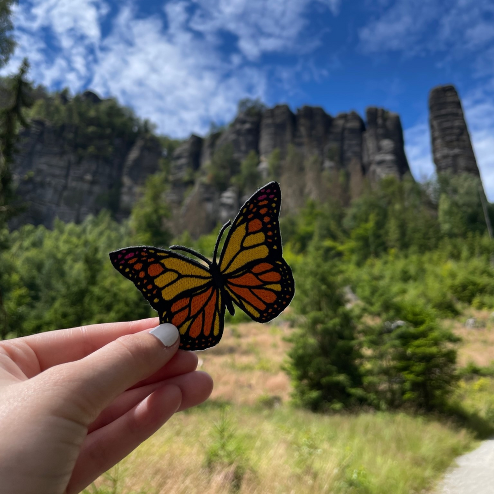 Schmetterling Patch gehalten von Frauenhand in der freien Natur mit Berge im Hintergrund