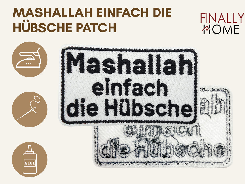 Vorder- und Rückseite des Patches, mit Bügelfolie. „Finally Home“ Logo und Nutzungsoptionen: Aufbügeln, Aufnähen, Aufkleben mit Textilkleber