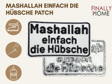 Vorder- und Rückseite des Patches, mit Bügelfolie. „Finally Home“ Logo und Nutzungsoptionen: Aufbügeln, Aufnähen, Aufkleben mit Textilkleber