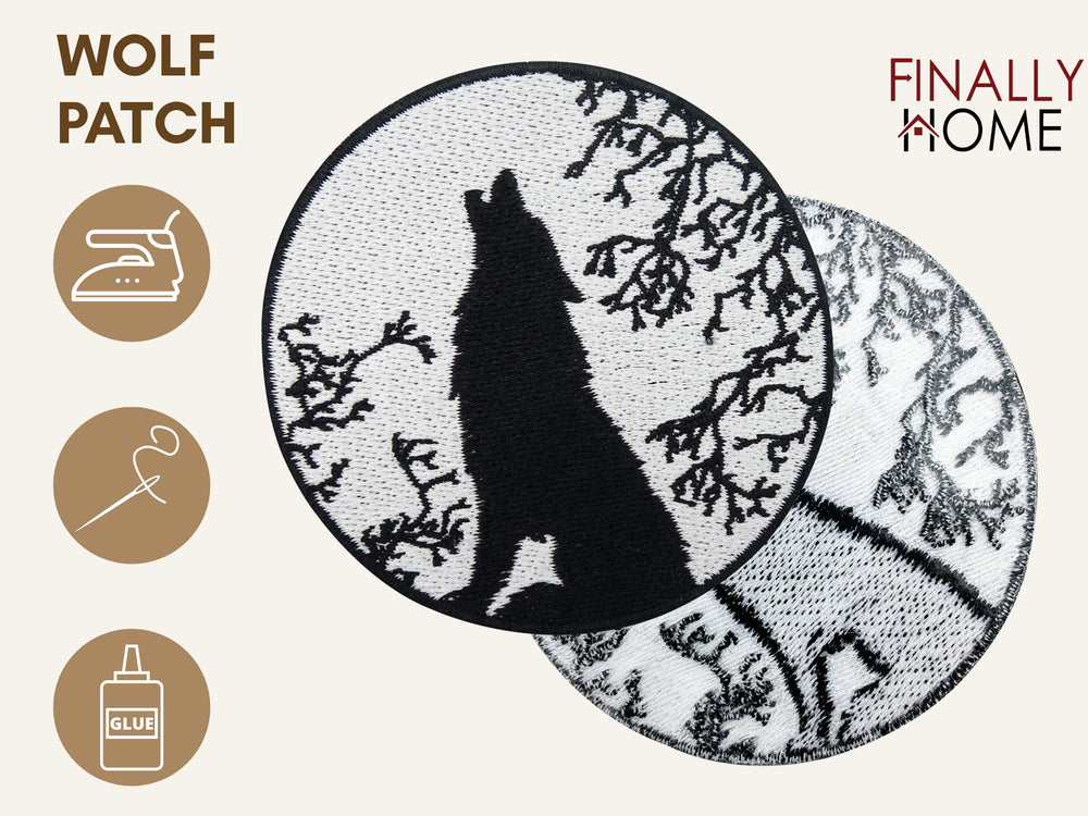 Vorder- und Rückseite des Patches, mit Bügelfolie. „Finally Home“ Logo und Nutzungsoptionen: Aufbügeln, Aufnähen, Aufkleben mit Textilkleber