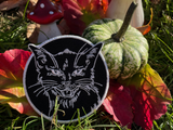Schwarzer Katzen Patch mit herbstlichem Hintergrund