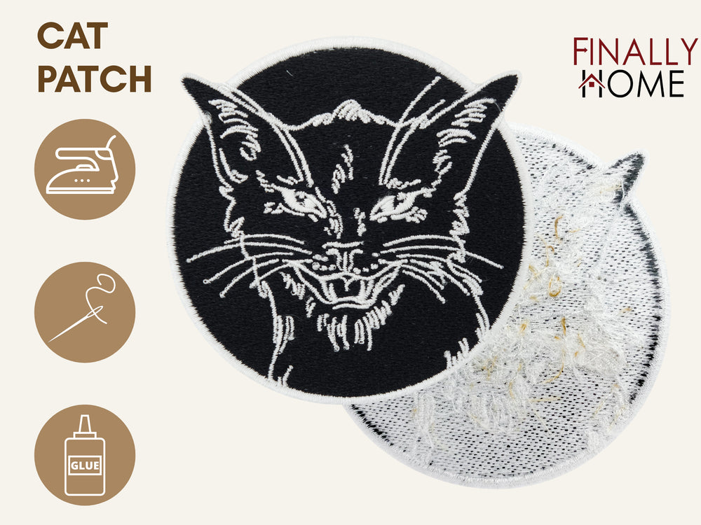 Vorder- und Rückseite des Patches, mit Bügelfolie. „Finally Home“ Logo und Nutzungsoptionen: Aufbügeln, Aufnähen, Aufkleben mit Textilkleber