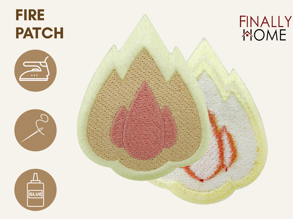 Vorder- und Rückseite des Patches, mit Bügelfolie. „Finally Home“ Logo und Nutzungsoptionen: Aufbügeln, Aufnähen, Aufkleben mit Textilkleber