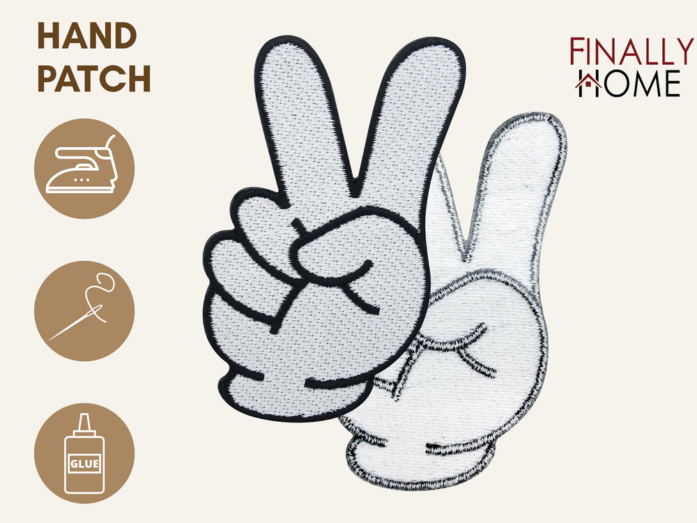 Vorder- und Rückseite des Patches, mit Bügelfolie. „Finally Home“ Logo und Nutzungsoptionen: Aufbügeln, Aufnähen, Aufkleben mit Textilkleber