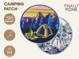 Vorder- und Rückseite des Patches, mit Bügelfolie. „Finally Home“ Logo und Nutzungsoptionen: Aufbügeln, Aufnähen, Aufkleben mit Textilkleber