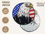 Vorder- und Rückseite des Patches, mit Bügelfolie. „Finally Home“ Logo und Nutzungsoptionen: Aufbügeln, Aufnähen, Aufkleben mit Textilkleber