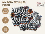 Vorder- und Rückseite des Patches, mit Bügelfolie. „Finally Home“ Logo und Nutzungsoptionen: Aufbügeln, Aufnähen, Aufkleben mit Textilkleber