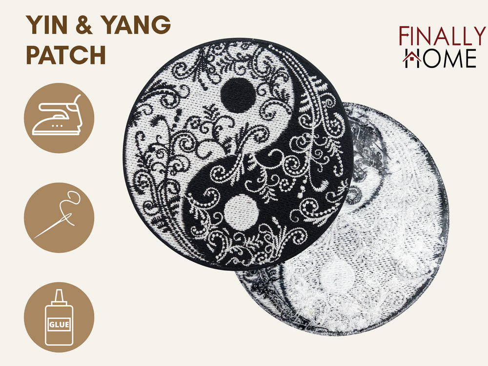 Yin Yang Patch mit Bügelfolie, Firmenlogo "Finally Home". Aufbügeln (Bügeleisen), Aufnähen (Nadel & Faden), Aufkleben (Textilkleber).