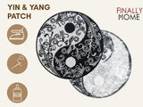 Yin Yang Patch mit Bügelfolie, Firmenlogo "Finally Home". Aufbügeln (Bügeleisen), Aufnähen (Nadel & Faden), Aufkleben (Textilkleber).
