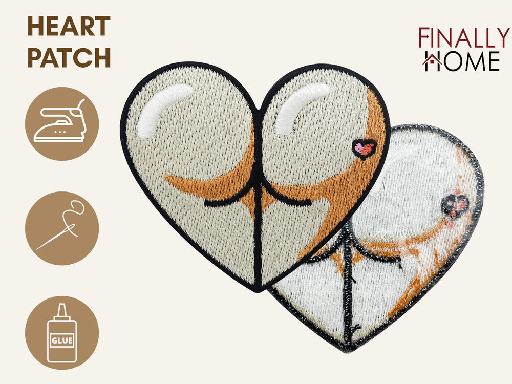 Vorder- und Rückseite des Patches, mit Bügelfolie. „Finally Home“ Logo und Nutzungsoptionen: Aufbügeln, Aufnähen, Aufkleben mit Textilkleber