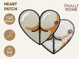 Vorder- und Rückseite des Patches, mit Bügelfolie. „Finally Home“ Logo und Nutzungsoptionen: Aufbügeln, Aufnähen, Aufkleben mit Textilkleber