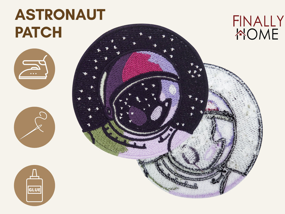 Vorder- und Rückseite des Patches, mit Bügelfolie. „Finally Home“ Logo und Nutzungsoptionen: Aufbügeln, Aufnähen, Aufkleben mit Textilkleber