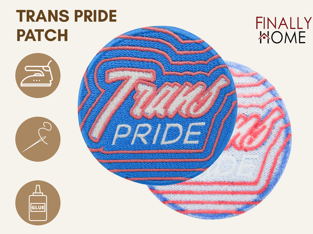 Vorder- und Rückseite des Patches, mit Bügelfolie. „Finally Home“ Logo und Nutzungsoptionen: Aufbügeln, Aufnähen, Aufkleben mit Textilkleber
