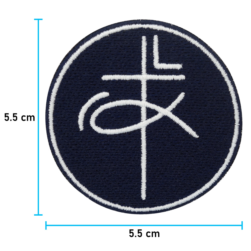 Kreuz & Fisch Patch mit der Maße: 5,5 x 5,5 cm