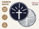 Vorder- und Rückseite des Patches, mit Bügelfolie. „Finally Home“ Logo und Nutzungsoptionen: Aufbügeln, Aufnähen, Aufkleben mit Textilkleber