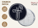 Vorder- und Rückseite des Patches, mit Bügelfolie. „Finally Home“ Logo und Nutzungsoptionen: Aufbügeln, Aufnähen, Aufkleben mit Textilkleber