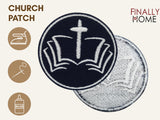 Vorder- und Rückseite des Patches, mit Bügelfolie. „Finally Home“ Logo und Nutzungsoptionen: Aufbügeln, Aufnähen, Aufkleben mit Textilkleber