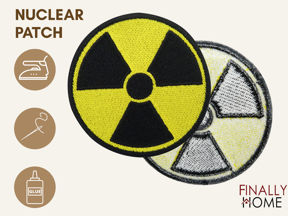 Vorder- und Rückseite des Patches, mit Bügelfolie. „Finally Home“ Logo und Nutzungsoptionen: Aufbügeln, Aufnähen, Aufkleben mit Textilkleber