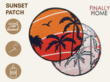 Vorder- und Rückseite des Patches, mit Bügelfolie. „Finally Home“ Logo und Nutzungsoptionen: Aufbügeln, Aufnähen, Aufkleben mit Textilkleber