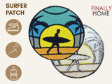 Vorder- und Rückseite des Patches, mit Bügelfolie. „Finally Home“ Logo und Nutzungsoptionen: Aufbügeln, Aufnähen, Aufkleben mit Textilkleber