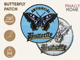 Vorder- und Rückseite des Patches, mit Bügelfolie. „Finally Home“ Logo und Nutzungsoptionen: Aufbügeln, Aufnähen, Aufkleben mit Textilkleber