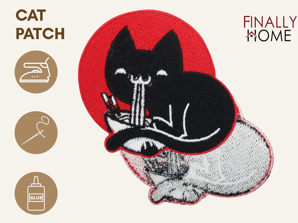 Vorder- und Rückseite des Patches, mit Bügelfolie. „Finally Home“ Logo und Nutzungsoptionen: Aufbügeln, Aufnähen, Aufkleben mit Textilkleber