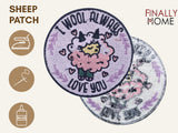 Vorder- und Rückseite des Patches, mit Bügelfolie. „Finally Home“ Logo und Nutzungsoptionen: Aufbügeln, Aufnähen, Aufkleben mit Textilkleber