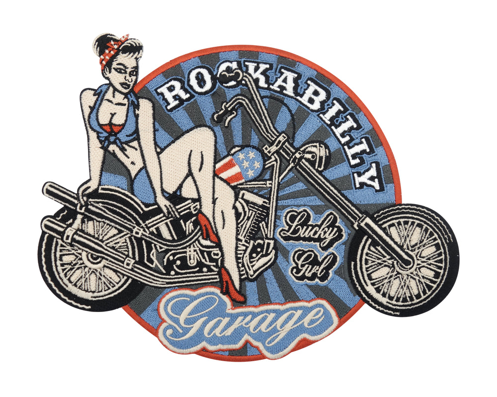 Blauer Rockabilly Girl auf Motorrad Patch