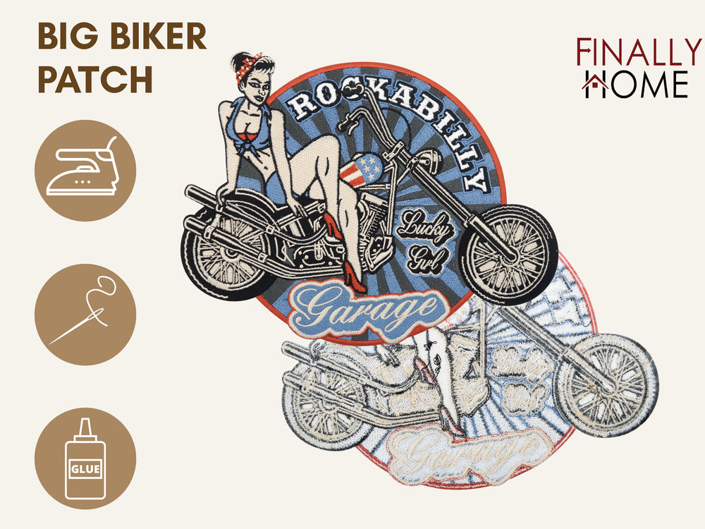 Vorder- und Rückseite des Patches, mit Bügelfolie. „Finally Home“ Logo und Nutzungsoptionen: Aufbügeln, Aufnähen, Aufkleben mit Textilkleber