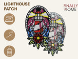 Vorder- und Rückseite des Patches, mit Bügelfolie. „Finally Home“ Logo und Nutzungsoptionen: Aufbügeln, Aufnähen, Aufkleben mit Textilkleber