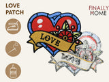Vorder- und Rückseite des Patches, mit Bügelfolie. „Finally Home“ Logo und Nutzungsoptionen: Aufbügeln, Aufnähen, Aufkleben mit Textilkleber