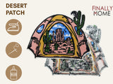 Vorder- und Rückseite des Patches, mit Bügelfolie. „Finally Home“ Logo und Nutzungsoptionen: Aufbügeln, Aufnähen, Aufkleben mit Textilkleber