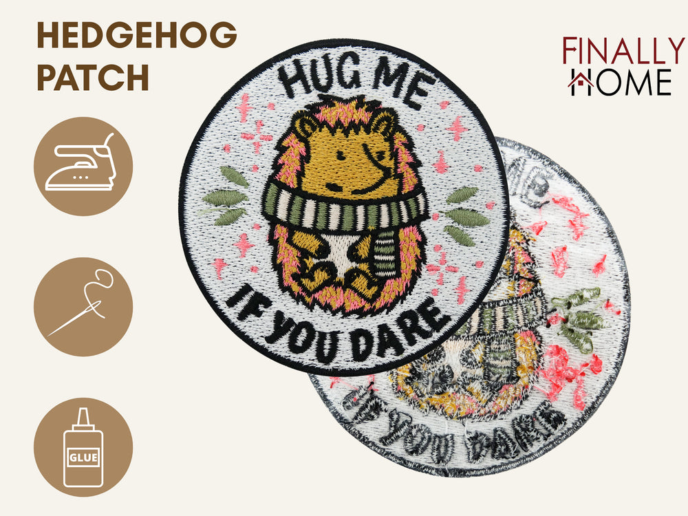 Vorder- und Rückseite des Patches, mit Bügelfolie. „Finally Home“ Logo und Nutzungsoptionen: Aufbügeln, Aufnähen, Aufkleben mit Textilkleber