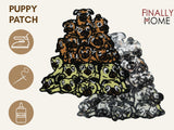 Vorder- und Rückseite des Patches, mit Bügelfolie. „Finally Home“ Logo und Nutzungsoptionen: Aufbügeln, Aufnähen, Aufkleben mit Textilkleber