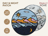 Vorder- und Rückseite des Patches, mit Bügelfolie. „Finally Home“ Logo und Nutzungsoptionen: Aufbügeln, Aufnähen, Aufkleben mit Textilkleber