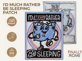 Vorder- und Rückseite des Patches, mit Bügelfolie. „Finally Home“ Logo und Nutzungsoptionen: Aufbügeln, Aufnähen, Aufkleben mit Textilkleber