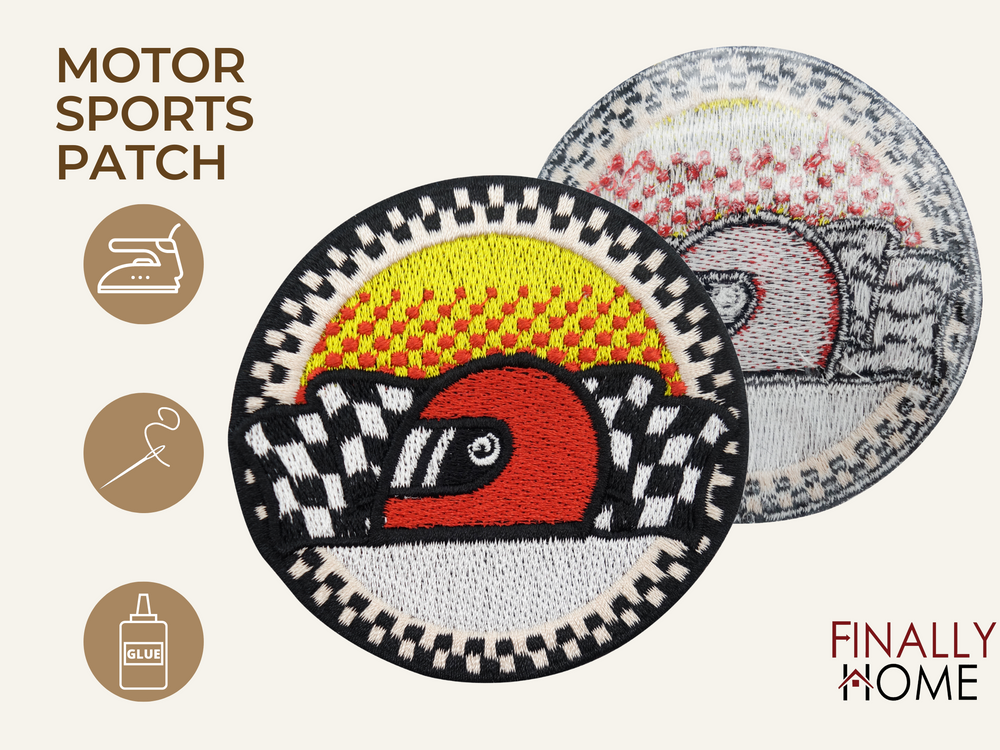 Vorder- und Rückseite des Patches, mit Bügelfolie. „Finally Home“ Logo und Nutzungsoptionen: Aufbügeln, Aufnähen, Aufkleben mit Textilkleber