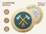 Vorder- und Rückseite des Patches, mit Bügelfolie. „Finally Home“ Logo und Nutzungsoptionen: Aufbügeln, Aufnähen, Aufkleben mit Textilkleber
