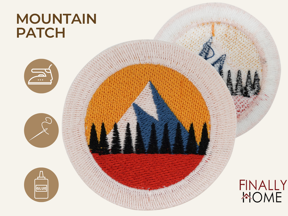 Vorder- und Rückseite des Patches, mit Bügelfolie. „Finally Home“ Logo und Nutzungsoptionen: Aufbügeln, Aufnähen, Aufkleben mit Textilkleber