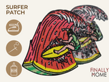 Vorder- und Rückseite des Patches, mit Bügelfolie. „Finally Home“ Logo und Nutzungsoptionen: Aufbügeln, Aufnähen, Aufkleben mit Textilkleber