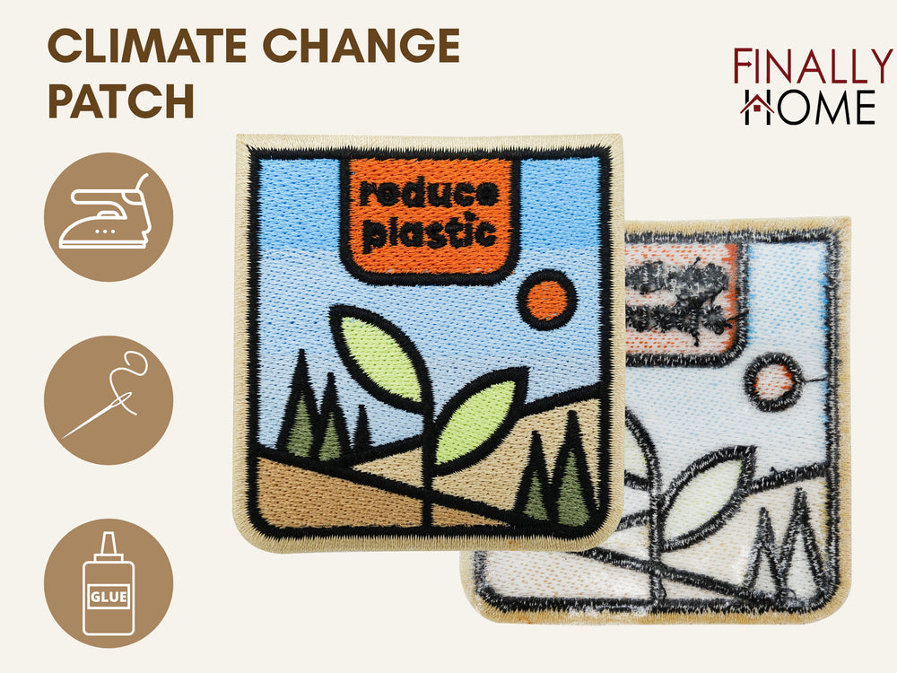 Vorder- und Rückseite des Patches, mit Bügelfolie. „Finally Home“ Logo und Nutzungsoptionen: Aufbügeln, Aufnähen, Aufkleben mit Textilkleber